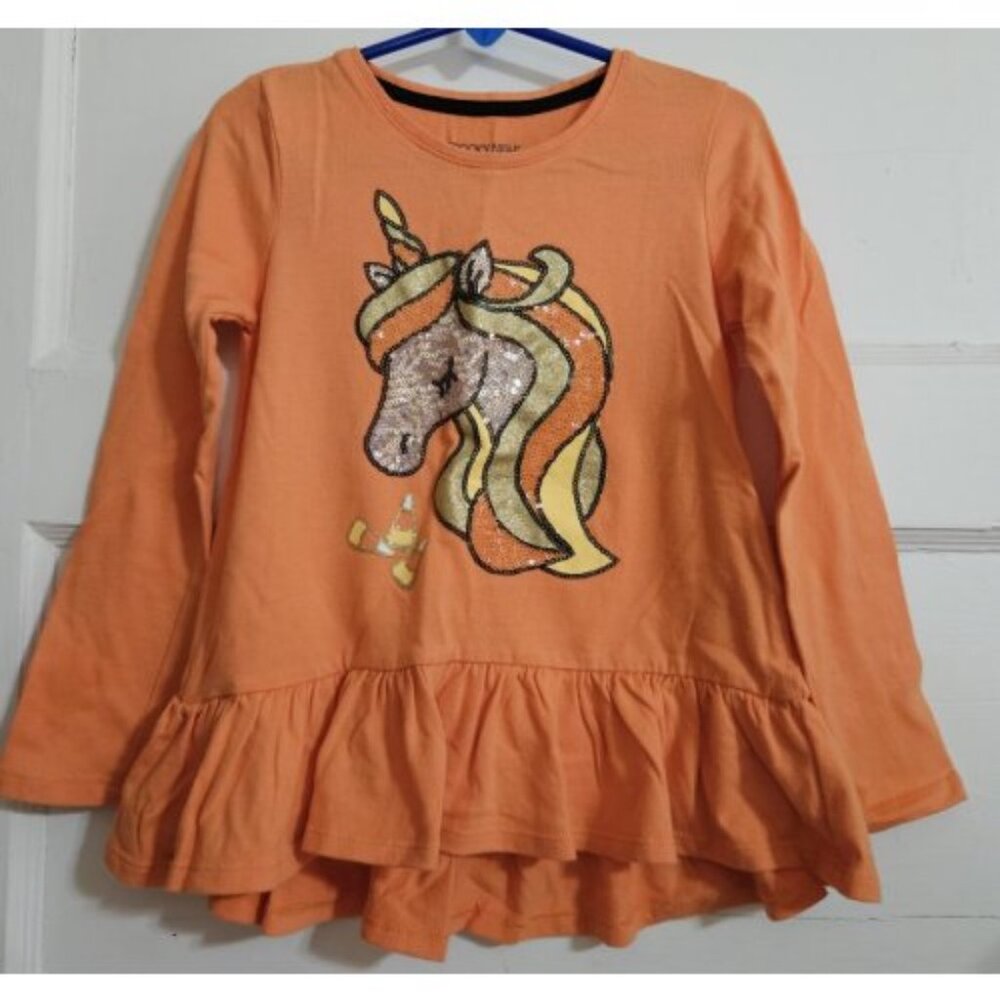 * SPOOKY NIGHT Orange Sequined Unicorn Hi Lo Tunic Top Girls Size 5-6